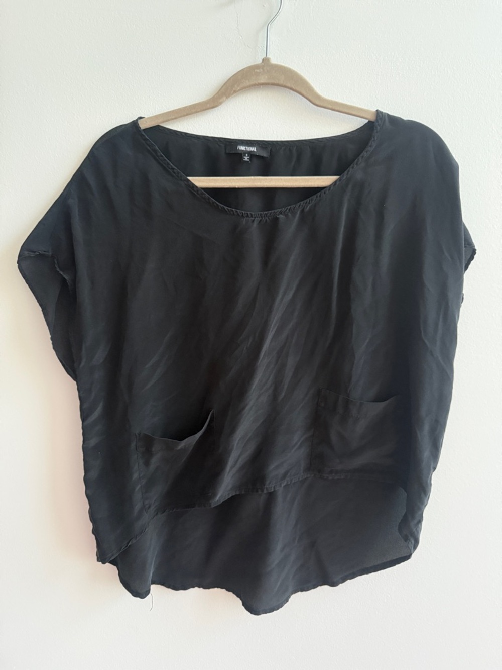 Boxy Black Short-Sleeve Blouse with Front Pockets - Fun2Fun